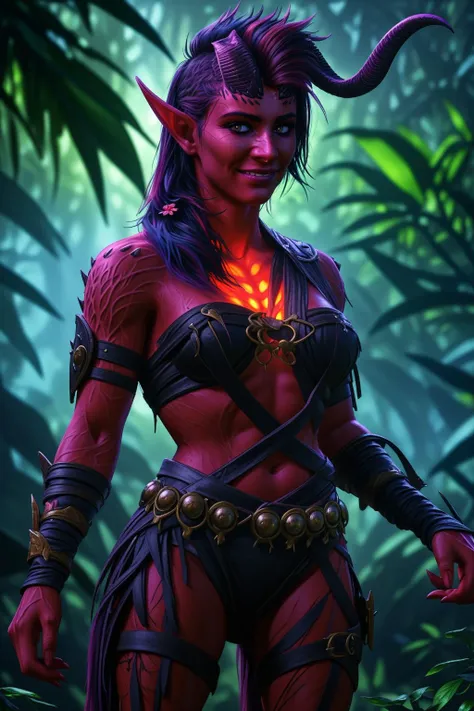 (masterpiece, best quality, colourful :1.3),  BGKarlach, 1girl, solo, realistic, long hair, horns, glowing chest, pointy ears, smile, weapon, belt, scabbard, in lush jungle with flowers by greg rutkowski <lora:add_detail:0.8> <lora:BGKarlach:0.7> <lora:LCM_LoRA_Weights_SD15:1.0>