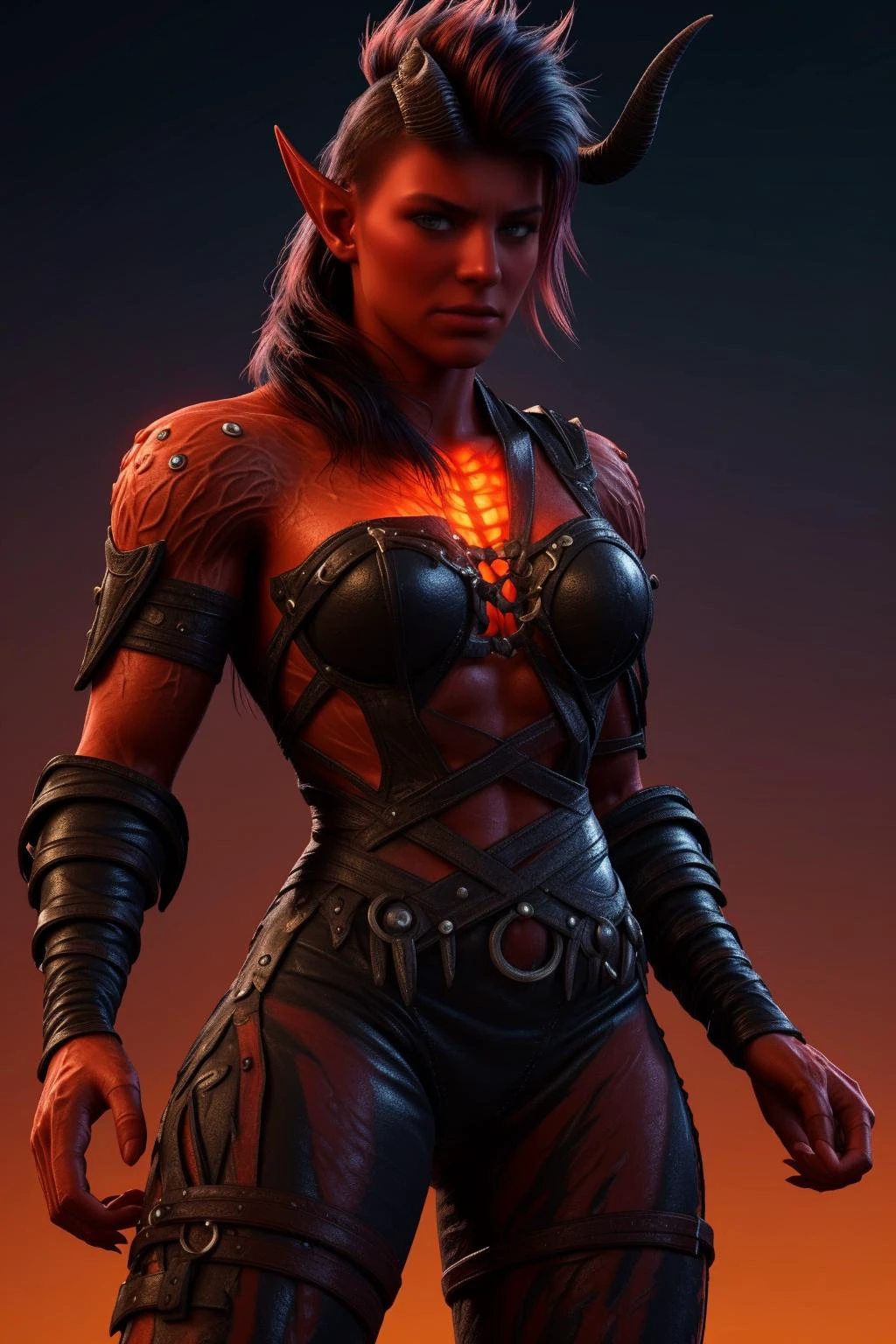 masterpiece, best quality, colourful, epic, Karlach by peter de seve , 1girl, upper body, muscular body, beserker, devil girl, red skin,
fighting stance, daggers, leather hilt, hand on hilt,
in an iridescent dragon lair, long hair, horns, glowing orange heart chest, pointy ears, rune arm tattoos, leather armor and sword belt, orange mystical aura,
, kkw-skin-det <lora:BGKarlach:0.7> BGKarlach <lora:LCM_LoRA_Weights_SD15:1>