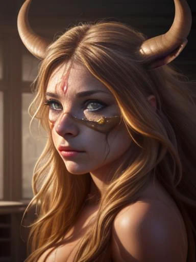 photo RAW, full color portrait, A beautiful female Minotaur in her natural habitat, masterpiece, award winning photography, lighting, perfect composition, high detail, hyper realistic, even natural lighting, epic, pretty makeup, flowing hair,