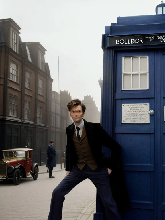 David Tennant is The Doctor, posing with the TARDIS in 1910s London,   in a Doctor Who episode directed by the coen brothers