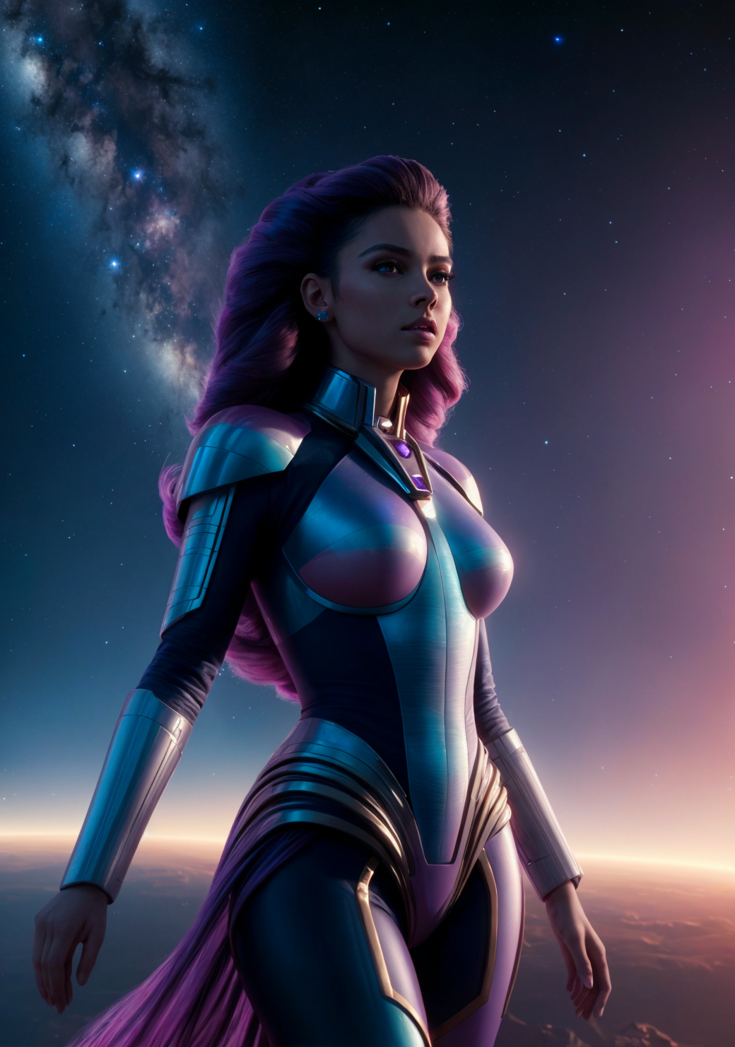 A woman in a futuristic outfit standing in front of a planet - SeaArt AI