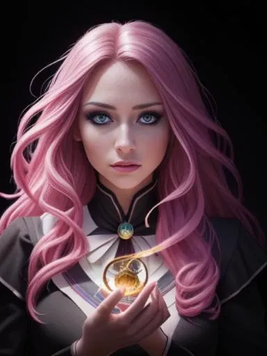 photo RAW, full color portrait, A beautiful female Magician in her natural habitat, masterpiece, award winning photography, lighting, perfect composition, high detail, hyper realistic, even natural lighting, epic, pretty makeup, flowing hair,