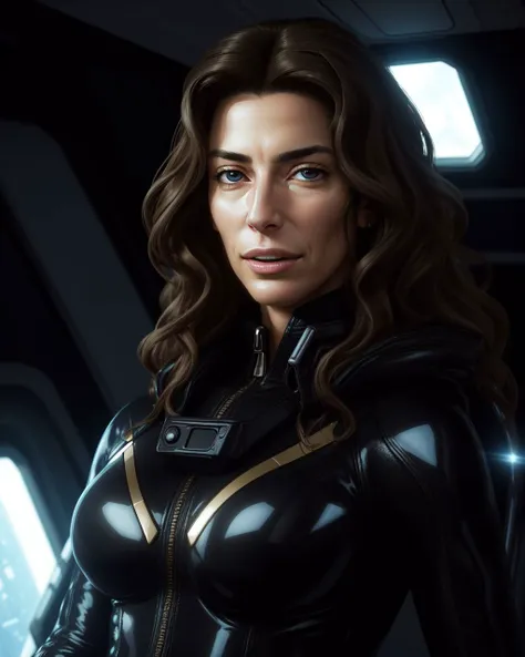 photo RAW, 1/3 shot portrait, Claudia Black is a Sebacean Peacekeeper, leather tactical suit, aboard Moya a living starship, masterpiece, award winning photography, dramatic lighting, perfect composition, high detail, hyper realistic, detailed eyes, brunette,