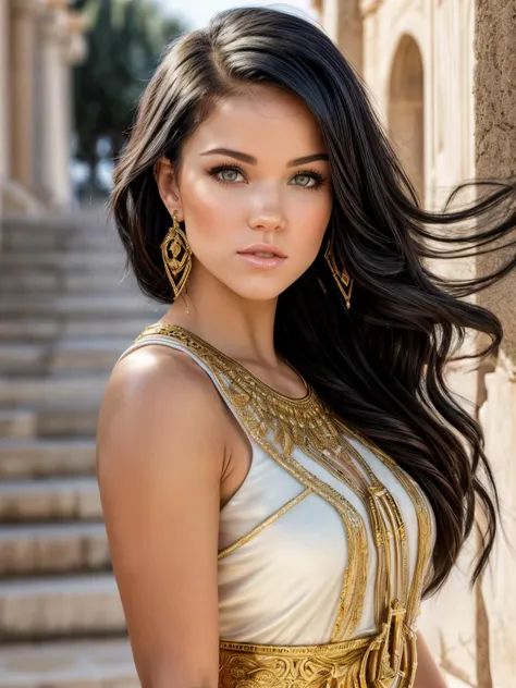 closeup headshot of gorgeous woman megrain in an ancient greek city wearing a white dress with intricate gold details, long flowing dark hair, <lora:add_detail:1>