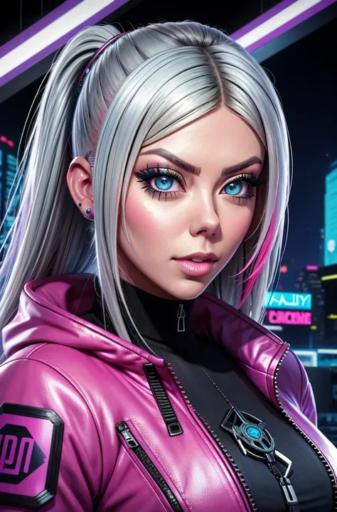 ((sfw)), photograph of krmrx, ((face and [bust] portrait)) of a naturally beautiful and stunning cyberpunk hacker babe, wearing a (detailed) and [colorful] jacket, (natural skin texture, highly detailed face and eyes), cyberpunk, candycore, best quality, masterpiece, 4k, absurdres, by arny freytag,