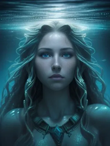 photo RAW, full color portrait, A beautiful female adventurer in Atlantis: A lost city of great wisdom and power, now drowned beneath the sea , masterpiece, award winning photography, lighting, perfect composition, high detail, hyper realistic, even natural lighting, epic, pretty makeup, flowing hair,