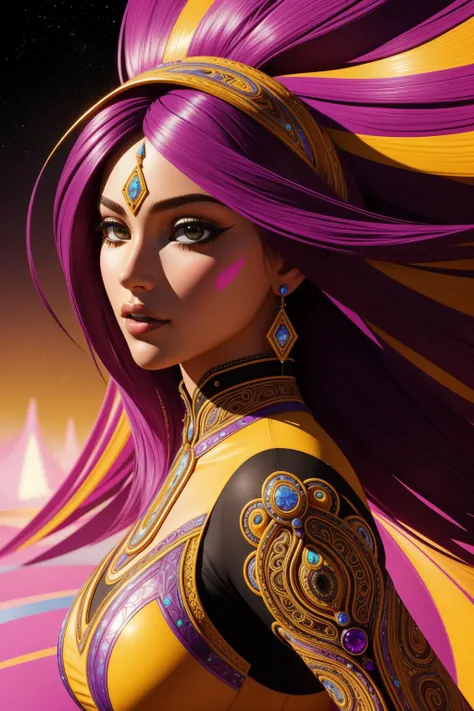 1girl, behance HD, RTX, geometric patterns, Unsplash, poster art, unreal engine, MOBA style, Concept Art World, DayGlo yellow paint splotches, Highres, fluorescent purple dust particles, wallpaper, full of Iridescent, most beautiful artwork in the world, Charred Terrifying Bedouin ([toffee|Arena]:1.3) , it is in a Pirate setting, it has intricate details, Soutache, award winning, Impressionism, extremely beautiful, Zentangle, ultra high res, rpg concept art, octane engine