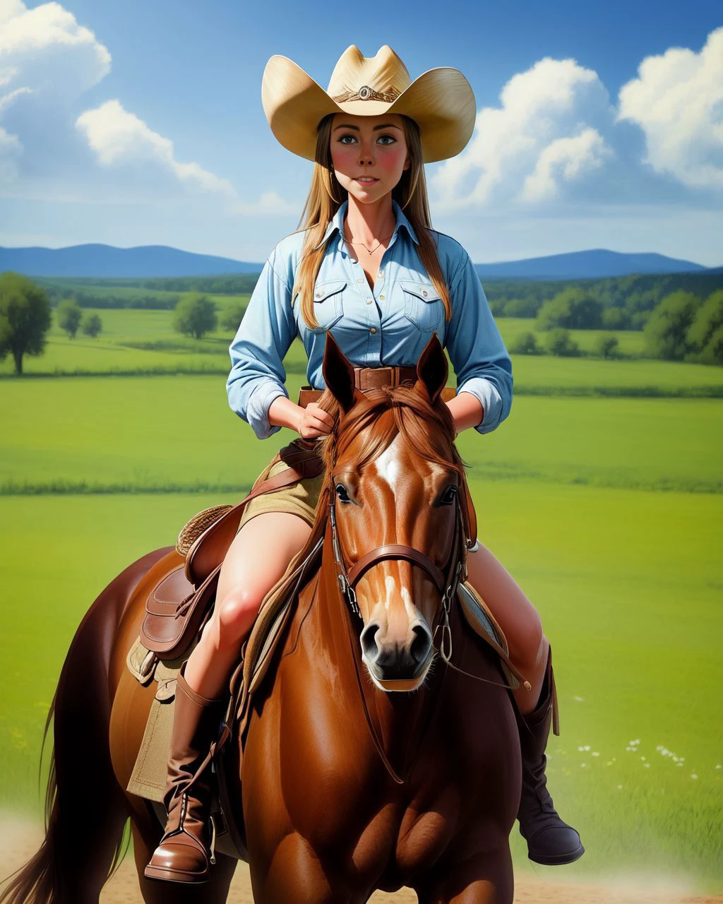 photo RAW, portrait of Horse Trainer Cowgirl Amber Marshall riding a horse across the countryside, masterpiece, award winning photography, perfect composition, high detail, hyper realistic, detailed eyes,, extremely detailed, midday light, hard shadows,