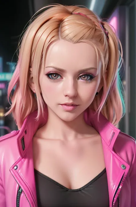 ((sfw)), photograph of (lxbll:1.2), ((face and [bust] portrait)) of a naturally beautiful and stunning blonde cyberpunk hacker babe, wearing a (detailed) and [colorful] jacket, (natural skin texture, highly detailed face and eyes), cyberpunk, candycore, best quality, masterpiece, 4k, absurdres, by arny freytag, <lora:LexiBelle1:1>