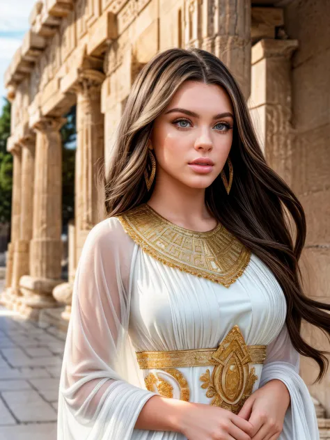 closeup headshot of gorgeous  brunette larho in an ancient greek city wearing a white dress with intricate gold details, long flowing hair, <lora:add_detail:1>,  <lora:epiCRealismHelper:1>