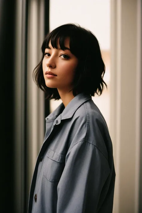 35mm film photograph of a 22 y.o woman, [Shelley Duvall|Meg Ryan],((head and shoulders portrait)),character portrait,close shot,in studio,wearing grey boiler suit,very short black hair