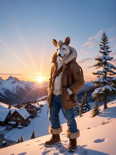 anthro, mammal, goat, caprine, (caprine horn), horizontal pupils, cloven hooves, fully clothed, bottomwear, topwear, pants, jacket, (adventurer), hand on hip, fur, fluffy, tuft, chest tuft, long hair, neck tuft, inner ear fluff, digitigrade, standing, front view, looking at viewer, (detailed background), outside, rock, sunbeam, snowy peaks, sunrise, (village:1.3), by kenket, by darkgem, by miosha, fully clothed, bottomwear, topwear, pants, jacket, (adventurer), hand on hip, fur, fluffy, tuft, chest tuft, long hair, neck tuft, inner ear fluff, digitigrade, standing, front view, looking at viewer, (detailed background), outside, rock, sunbeam, snowy peaks, sunrise, (village:1.3),