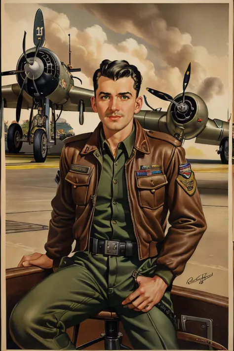 extremely detailed postcard or poster artwork, 1940s, a man as bomber pilot in world war 2, brown leather jacket, hangar in the background,<lora:Alberto_Vargas_Pinup_Style-000011:.4> alberto vargas, <lora:Ron_Embleton_Style:.8> ron embleton