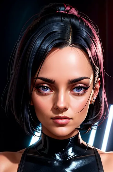 one girl, bust close up, soviet union, black hair, bob cut, black eyes, red background, proud stance, space thriller movie poster, abstracted, constructivism, red star, communism, serious face, makeup, red lipstick, (exposed breasts:1.3), leather jacket