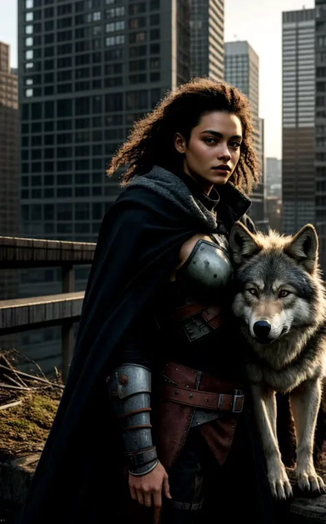 A post-apocalyptic warrior woman stands atop a ruined skyscraper, gazing at the horizon, her cloak billowing, with a robotic wolf companion at her side. , (:HairDetail SkinDetail epiCRealism:0.8),