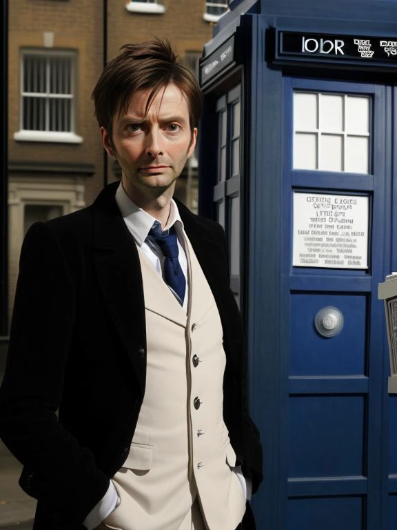 David Tennant is The Doctor, posing with the TARDIS in 2010s London,   in a Doctor Who episode directed by takeshi kitano