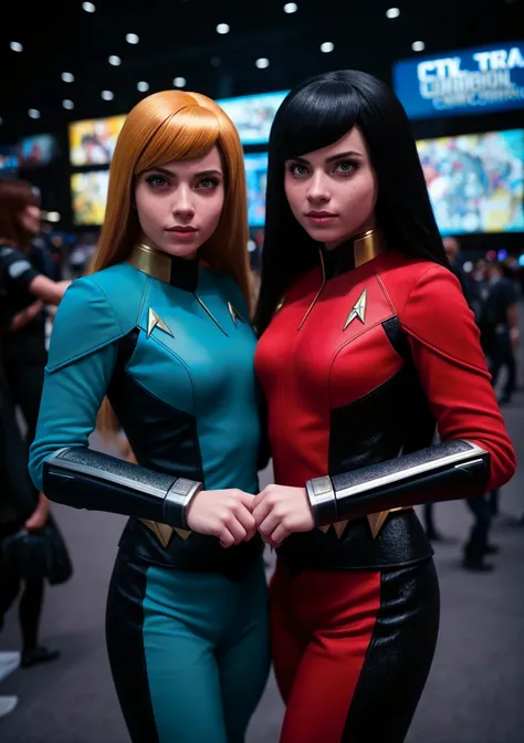 UHD, 8k, beautiful lighting, cinematic, two girls, Star Trek cosplay, Comic Con
