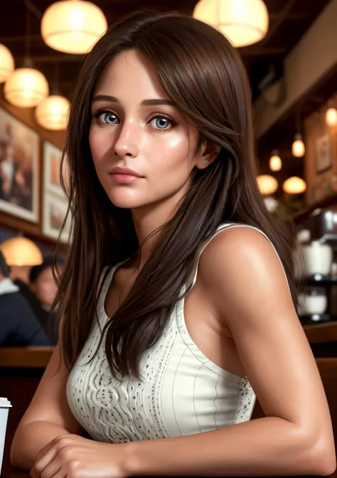 masterpiece, ultra detailed, best quality, a cinematic photograph of a beautiful 30-year-old woman in cozy coffee shop, ultra detailed skin, beautiful eyes