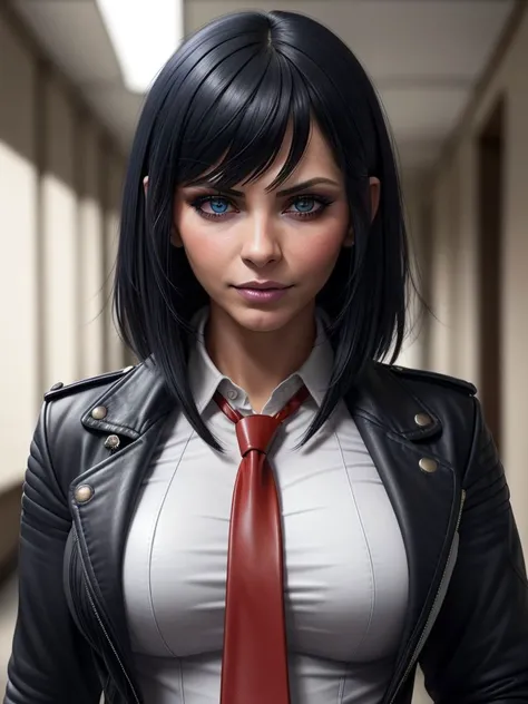 (SFW), photo RAW, portrait,
black hair with bangs, madivy, leather jacket, jeans, white buttoned (shirt) with red necktie, blue eyes,  heavy makeup, 
school hallway, sexy mood,  flirting, cheeky smile, 
perfect composition, high detail, hyper realistic,dramatic lighting, epic