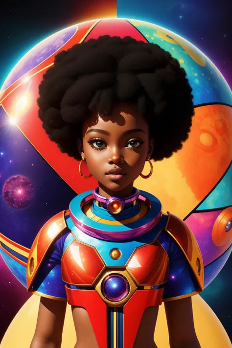 1girl, Afrofuturism illustration "Children of Mars", it is very [Artistic|Shiny] and Fruit-Flavored, vibrant colors, futuristic elements, cultural symbolism, cosmic imagery, dynamic patterns, empowering narratives
