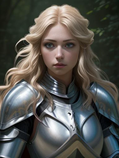 photo RAW, full color portrait, A beautiful female Knight in her natural habitat, masterpiece, award winning photography, lighting, perfect composition, high detail, hyper realistic, even natural lighting, epic, pretty makeup, flowing hair,