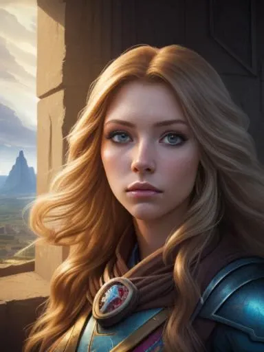 photo RAW, full color portrait, A beautiful female adventurer in The Tower of Destiny , masterpiece, award winning photography, lighting, perfect composition, high detail, hyper realistic, even natural lighting, epic, pretty makeup, flowing hair,
