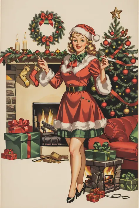 greeting card, ron embleton, gil evgren, 1940s, christmas eve, a woman in a christmas outfit, suburban american living room with a single fireplace and christmas tree, carpet, simple wallpaper, big smile, looking at viewer, <lora:Alberto_Vargas_Pinup_Style-000011:.25> <lora:Ron_Embleton_Style:.75> <lora:CokeGirls:.69>
