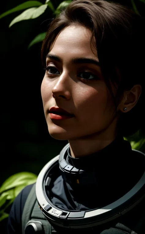 A woman astronaut explores a lush alien planet, surrounded by bioluminescent flora and floating rivers, her suit blending with the environment's vibrant hues. , (:HairDetail SkinDetail epiCRealism:0.8),