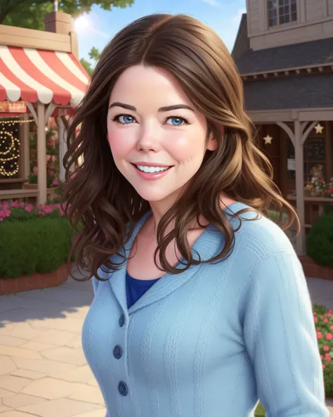 photo RAW, 1/3 shot portrait, Lauren Graham is Lorelai Gilmore, walking through the quant town square of Stars Hollow, Connecticut, cheeky smile,  masterpiece, award winning photography, perfect composition, high detail, hyper realistic, detailed eyes, brunette, extremely detailed face, soft light, hard shadows,
