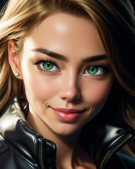 Jim Lee Style photo RAW, portrait, [Denise Richards|Lauren German], masterpiece, award winning photography, lighting, perfect composition, high detail, hyper realistic,dramatic lighting, epic  BREAK extremely detailed eyes, ((heart shaped pupil)), white eyes BREAK flirty smile, BREAK Green glowing  "X" tattoo on forehead