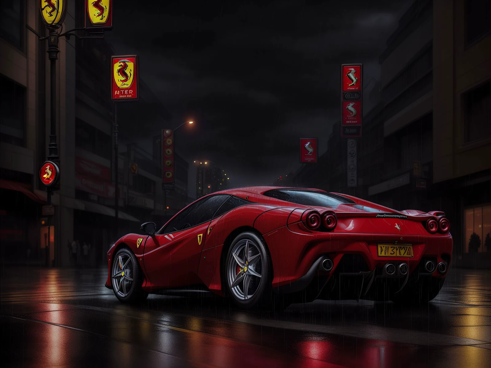 photo RAW, portrait, Ferrari Testarosa, city streets, night, rain, wet, masterpiece, award winning photography, lighting, perfect composition, high detail, hyper realistic,dramatic lighting, epic