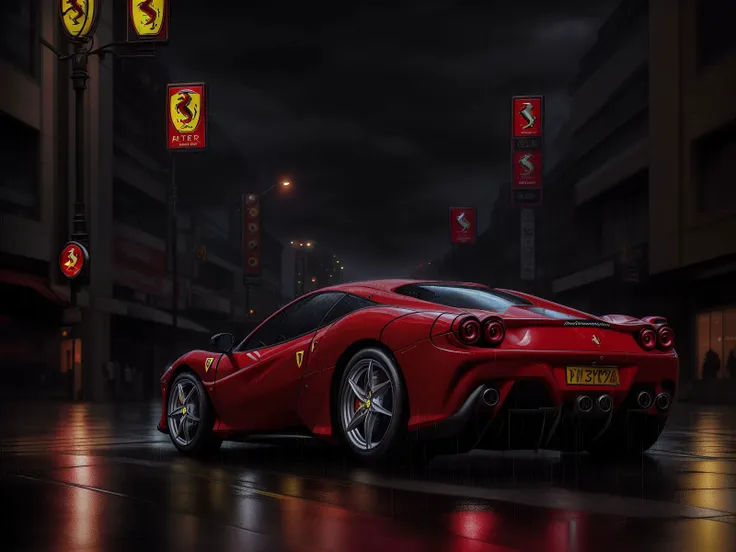 photo RAW, portrait, Ferrari Testarosa, city streets, night, rain, wet, masterpiece, award winning photography, lighting, perfect composition, high detail, hyper realistic,dramatic lighting, epic