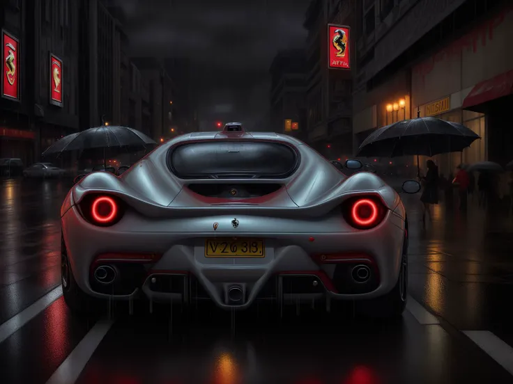 photo RAW, portrait, Ferrari Testarosa, city streets, night, rain, wet, masterpiece, award winning photography, lighting, perfect composition, high detail, hyper realistic,dramatic lighting, epic