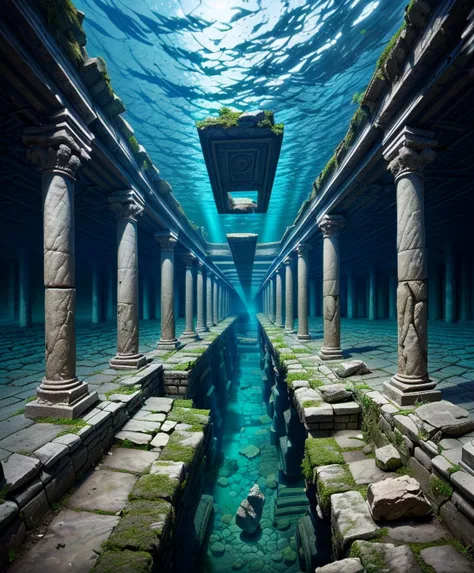 UHD, 8k, ultra detailed, a cinematic photograph of an underwater ((ancient city)), sealife, <lora:add_detail:1>