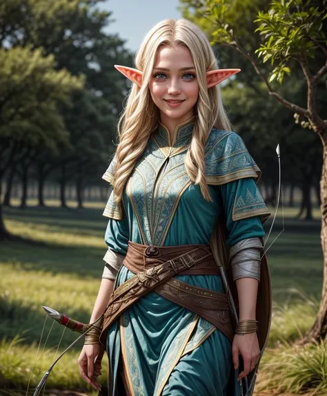UHD, 8k, ultra detailed, a cinematic photograph of a beautiful elven archer, shy smile, delicate and intricate elven clothing, <lora:add_detail:1>