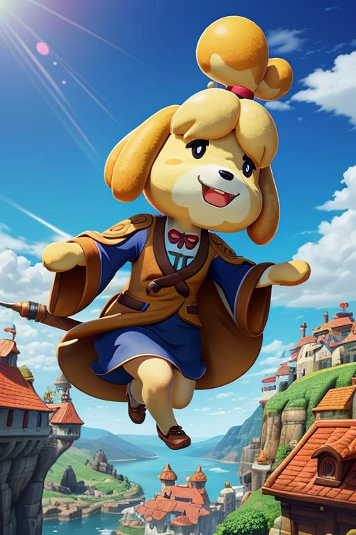 masterpiece, best quality, best lighting,full body, Cute cartoon character, isabelle (small anthropomorphic dog girl) as great political figure\(animal crossing\) 1girl, animal ears, furry, (fur texture:1.23), (xry boy:1.21), canadian:jpg bluth highly detailed render, shadows dynamic lighting 4K magical playful effects, high exposure mapping from national illustration of ghibli pop\', joy atmosphere, sharp focus, accurate eyes neck, visible_ platform, fantasy character, photography robe cover from deviantart deviantart <lora:shizue_Isabelle:0.85>