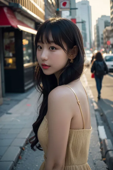 glamour photo of pyoapple, amidst a bustling city, upper body framing, in a street photography setting, golden hour lighting:1.3), shot at eye level, on a Fujifilm X-T4 with a 50mm lens, <lora:pyoapple-15:0.9>