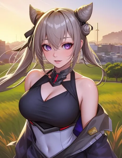 Cowboy shot, San Francisco \(Azur Lane\), San_Francisco, Purple eyes, Gray hair, Double bun, Black top,
Fantasy atmophere, (Field in the background:1.2),
HDR, (highly detailed face and eyes:1.2), Masterpiece, Best quality, intricate, highly detailed, 8k, Trending on artstation,
<lora:Gabachek_San_Francisco:0.6>