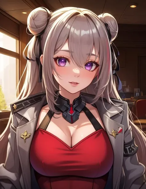 Cowboy shot, San Francisco \(Azur Lane\), San_Francisco, (Red dress:1.4), (Gray coat:1.2), Purple eyes, Gray hair, Double bun,
Fantasy atmophere, Officier room,
HDR, (highly detailed face and eyes:1.2), Masterpiece, Best quality, intricate, highly detailed, 8k, Trending on artstation,
<lora:Gabachek_San_Francisco:0.5>