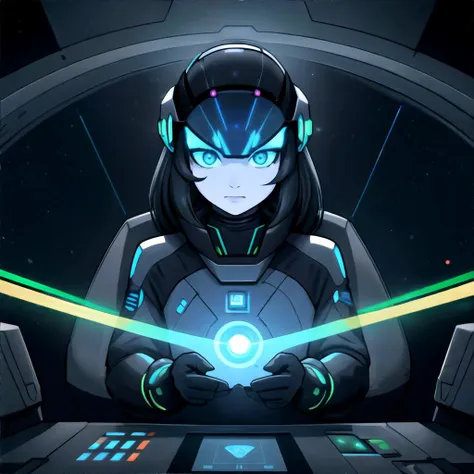 Wearing an energy harvesting spacesuit: power-generating attire, energy harvesting tech, system powering, power source independent., Wearing a Holo-Com Helmet, a slim, matte black design with a full-face translucent visor, curving gently around the sides., Spaceship Bridge, Command center with control panels, holographic displays, captain's chair, and panoramic space view., by Boris Vallejo, masterpiece, high resolution, hd, 8k, shallow depth of field, sharp focus