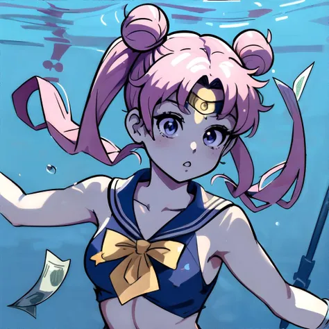 <lora:nevermindcover:1.0> sailor moon, twin pigtails, space buns, nirvana, swimming, money, masterpiece, 8k, high resolution, shallow depth of field, sharp focus