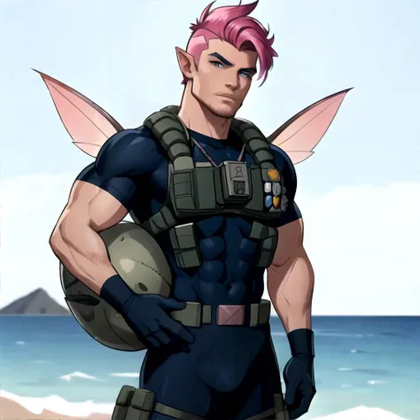 Caucasian faery man with pink faux hawk hair wearing navy SEAL outfit, masterpiece, high resolution, hd, 8k, shallow depth of field, sharp focus