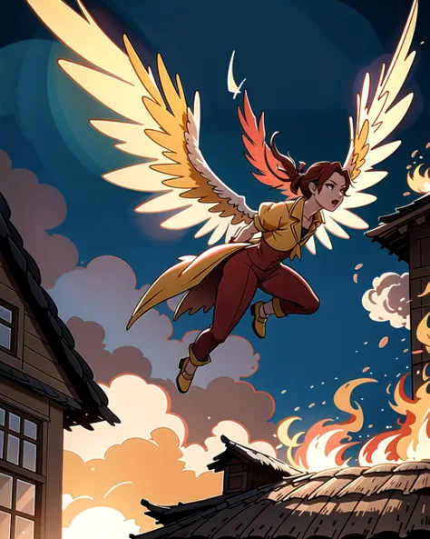 ((masterpiece), best quality, high quality, professional quality, highly detailed, highres, perfect lighting, natural lighting), phoenix, bursting into flames, taking flight from thatched roof