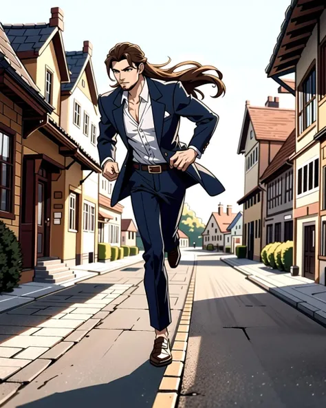 ((masterpiece), best quality, high quality, professional quality, highly detailed, highres, perfect lighting, natural lighting), (1boy, slender, handsome, no facial hair, long hair, brown hair), wearing fantasy clothing, running, in a fantasy town