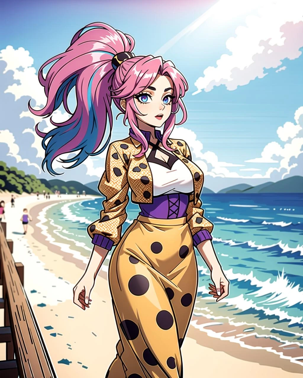 ((masterpiece), best quality, high quality, professional quality, highly detailed, highres, perfect lighting, natural lighting), (1girl, beautiful, medium breasts, (multicolored hair, pink hair,blue hair,purple hair, long hair, high ponytail), perfecteyes eyes), (wearing cheetah print, extremelyBeautiful_beautifulclotheswild/Extremely beautiful clothes), on the beach, walking the boardwalk, <lyco:locon_perfecteyes_v1_from_v1_64_32:0.6>