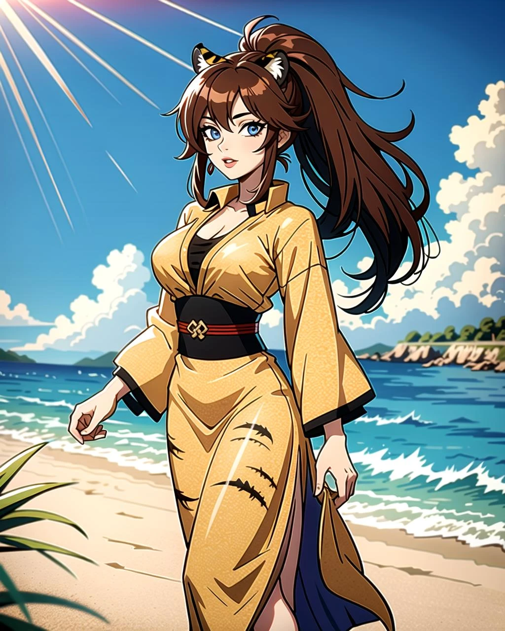 ((masterpiece), best quality, high quality, professional quality, highly detailed, highres, perfect lighting, natural lighting), (1girl, beautiful, medium breasts, (multicolored hair, brown hair,red hair,black hair, long hair, high ponytail), perfecteyes eyes), (wearing tiger print, extremelyBeautiful_beautifulclotheswild/Extremely beautiful clothes), on the beach, walking the boardwalk, <lyco:locon_perfecteyes_v1_from_v1_64_32:0.6>