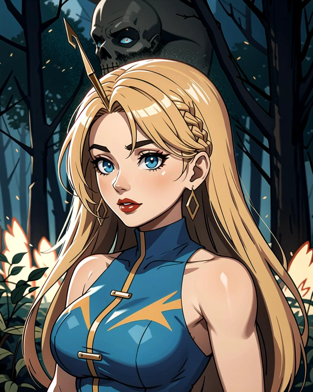 ((masterpiece), best quality, high quality, professional quality, highly detailed, highres, perfect lighting, natural lighting), gravity-defying, holographic interface, A world covered in dense, otherworldly forests, where the trees emit a bioluminescent glow during the long nights., Desert Planet, unicorn, pegasus, hippogriff,Necromancer Raising an army of undead to do their bidding, Athlete, Tall, Sculpted, Diamond-Shaped Face, Tan Skin, Brown Hair, peach Eyes, [[Curved Nose]], Full Lips, Round Chin, French Fork, Bald, Bald, A dark, foreboding swamp, filled with twisted, gnarled trees and dangerous creatures,Build a breathtaking, highly detailed work of art, Goddess of the harvest, adorned with bountiful crops and a wreath, Diva, Tall, Slim, Round Face, Olive Skin, Blonde Hair, light blue Eyes, Long Nose, Full Lips, Receding Chin, Shoulder-Length Hair, Straight Hair, Herringbone Braid, full breasts, Faux gauge earrings, beige velvet lipstick, expressionism oil painting, mysterious, Lightning, Rust