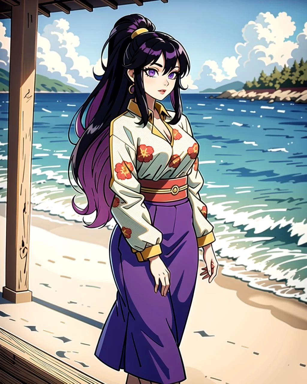 ((masterpiece), best quality, high quality, professional quality, highly detailed, highres, perfect lighting, natural lighting), (1girl, beautiful, medium breasts, (multicolored hair, black hair,blonde hair,purple hair, long hair, high ponytail), perfecteyes eyes), (wearing giraffe print, extremelyBeautiful_beautifulclotheswild/Extremely beautiful clothes), on the beach, walking the boardwalk, <lyco:locon_perfecteyes_v1_from_v1_64_32:0.6>