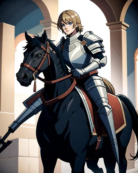 ((masterpiece), best quality, high quality, professional quality, highly detailed, highres, perfect lighting, natural lighting), knight, wearing armor, holding weapon, horseback, stallion, battle against monster