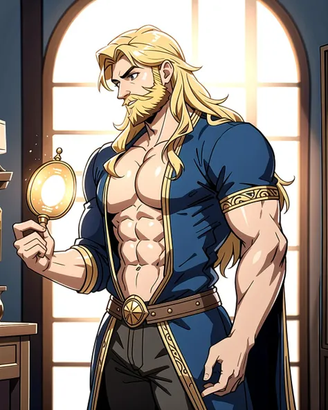 ((masterpiece), best quality, high quality, professional quality, highly detailed, highres, perfect lighting, natural lighting), (1boy, muscular, handsome, long beard, long hair, blonde hair), wearing fantasy clothing, casting a spell, in a fantasy town